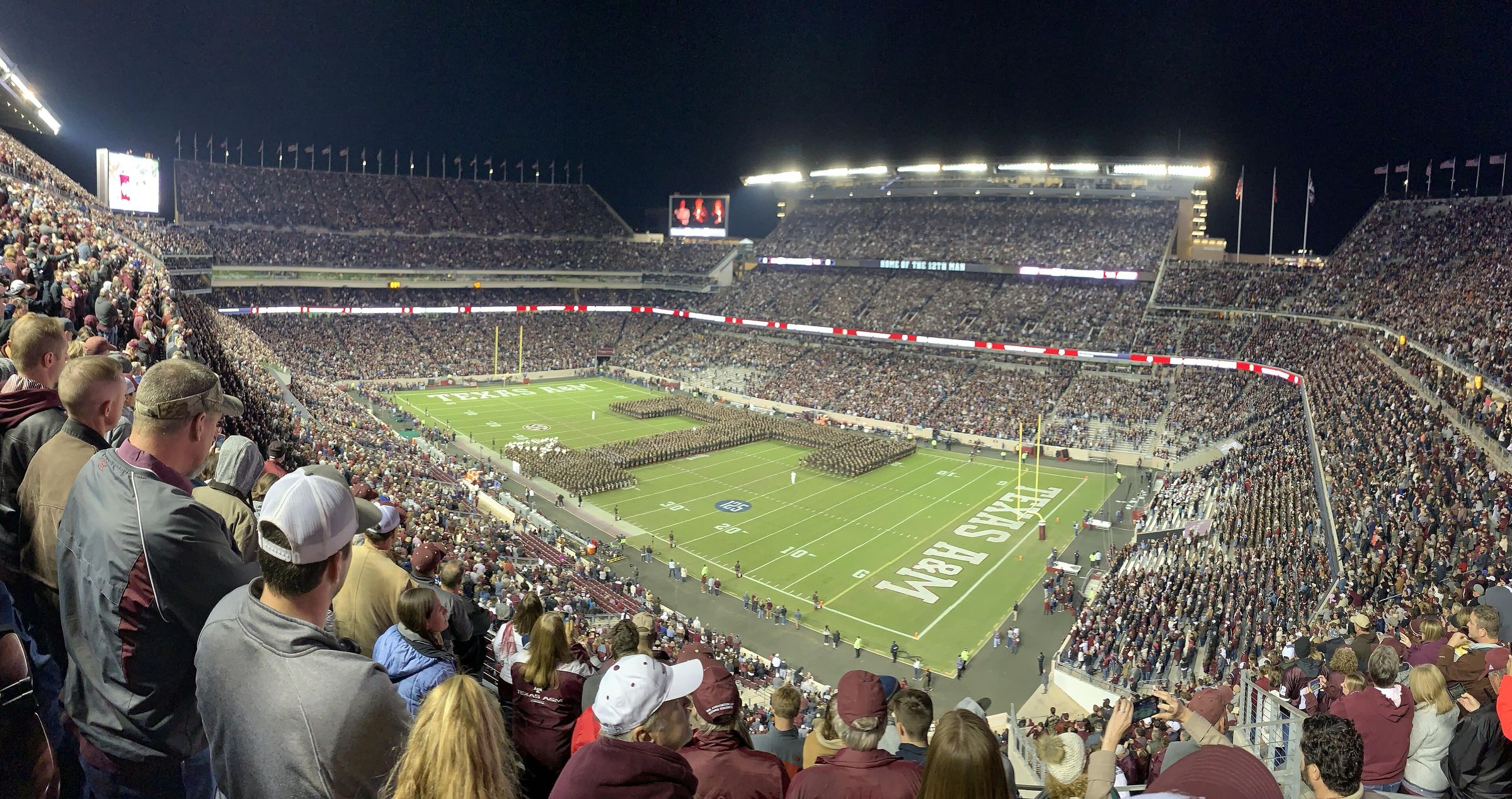 The Corps of Cadets forms a Block T at a night game at Kyle Field